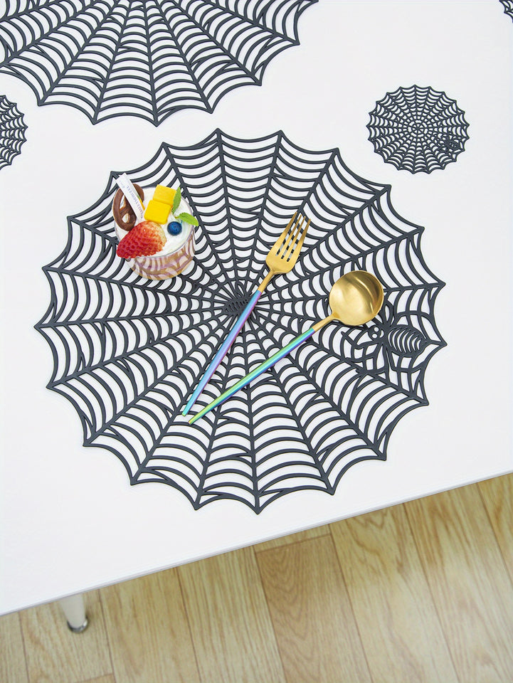 PVC Spider Web Placemats - 1pc Black Hollow Non-Slip Insulation Mat for Halloween Decor, Kitchen, Dining Table, Restaurant