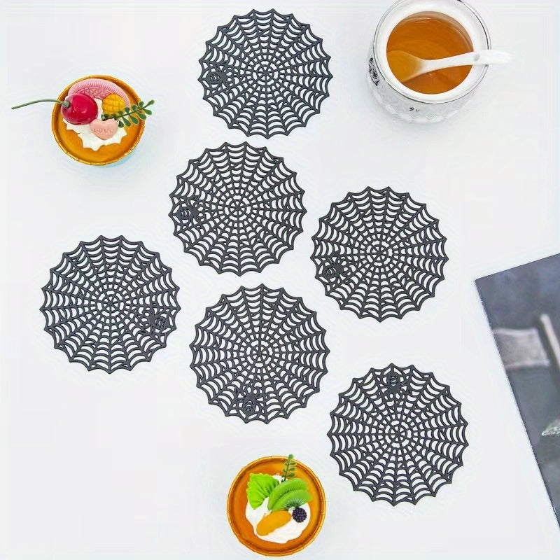 PVC Spider Web Placemats - 1pc Black Hollow Non-Slip Insulation Mat for Halloween Decor, Kitchen, Dining Table, Restaurant