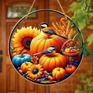 Classic Thanksgiving Acrylic Pendant with Chickadees Sunflower & Harvest Motif - Round Animal-Themed, Translucent Hanging Sun Catcher - Fall Harvest & Autumn Decoration for Home, Bar, Restaurant - No Electricity Needed, Ideal