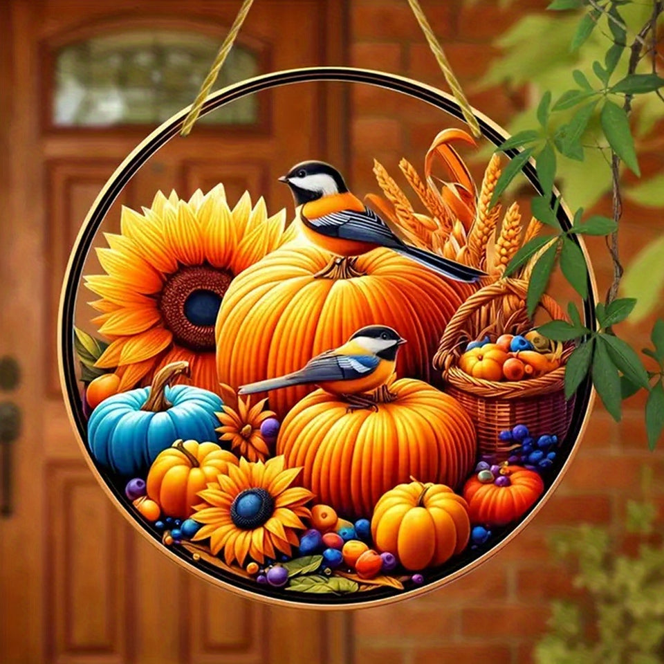 Classic Thanksgiving Acrylic Pendant with Chickadees Sunflower & Harvest Motif - Round Animal-Themed, Translucent Hanging Sun Catcher - Fall Harvest & Autumn Decoration for Home, Bar, Restaurant - No Electricity Needed, Ideal