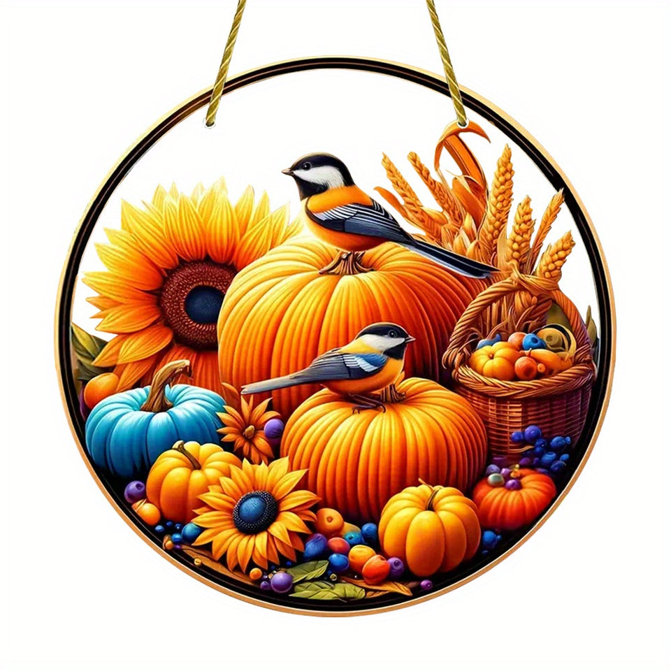 Classic Thanksgiving Acrylic Pendant with Chickadees Sunflower & Harvest Motif - Round Animal-Themed, Translucent Hanging Sun Catcher - Fall Harvest & Autumn Decoration for Home, Bar, Restaurant - No Electricity Needed, Ideal