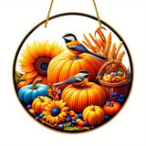 Classic Thanksgiving Acrylic Pendant with Chickadees Sunflower & Harvest Motif - Round Animal-Themed, Translucent Hanging Sun Catcher - Fall Harvest & Autumn Decoration for Home, Bar, Restaurant - No Electricity Needed, Ideal