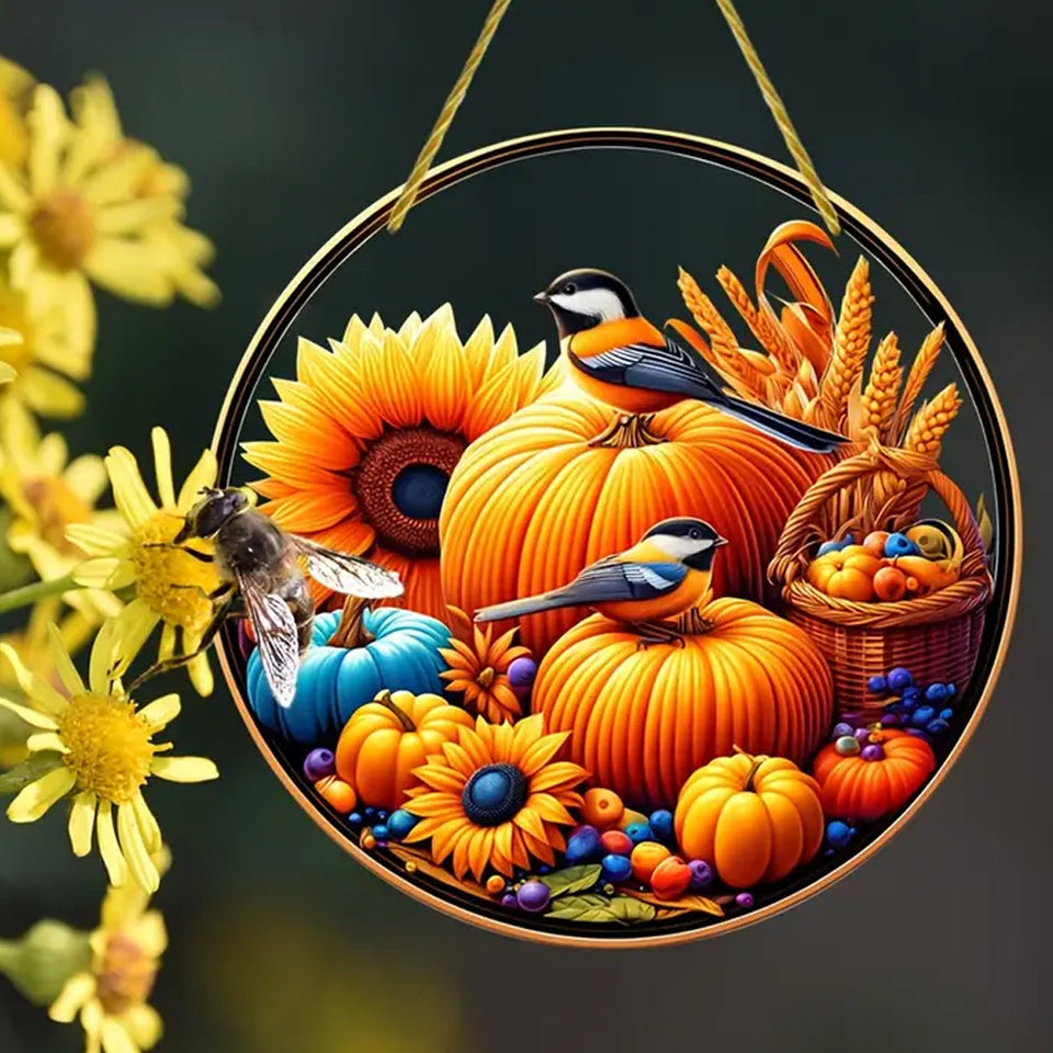 Classic Thanksgiving Acrylic Pendant with Chickadees Sunflower & Harvest Motif - Round Animal-Themed, Translucent Hanging Sun Catcher - Fall Harvest & Autumn Decoration for Home, Bar, Restaurant - No Electricity Needed, Ideal