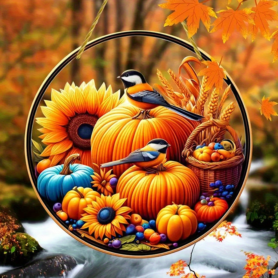 Classic Thanksgiving Acrylic Pendant with Chickadees Sunflower & Harvest Motif - Round Animal-Themed, Translucent Hanging Sun Catcher - Fall Harvest & Autumn Decoration for Home, Bar, Restaurant - No Electricity Needed, Ideal