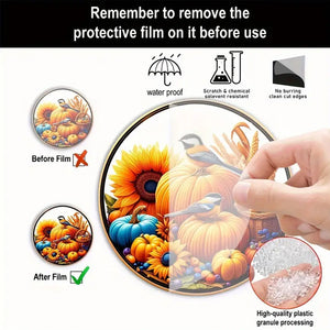 Classic Thanksgiving Acrylic Pendant with Chickadees Sunflower & Harvest Motif - Round Animal-Themed, Translucent Hanging Sun Catcher - Fall Harvest & Autumn Decoration for Home, Bar, Restaurant - No Electricity Needed, Ideal