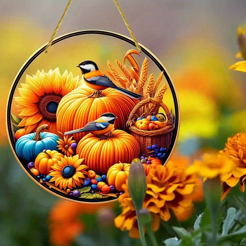 Classic Thanksgiving Acrylic Pendant with Chickadees Sunflower & Harvest Motif - Round Animal-Themed, Translucent Hanging Sun Catcher - Fall Harvest & Autumn Decoration for Home, Bar, Restaurant - No Electricity Needed, Ideal