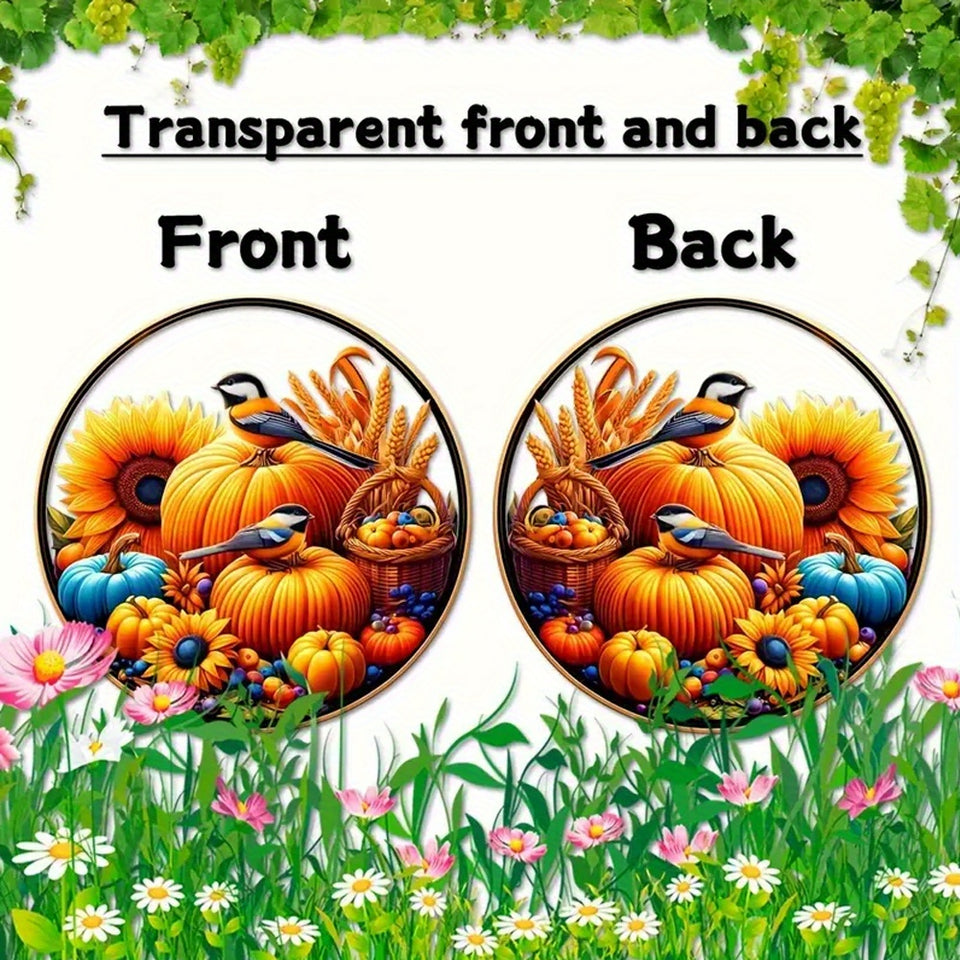 Classic Thanksgiving Acrylic Pendant with Chickadees Sunflower & Harvest Motif - Round Animal-Themed, Translucent Hanging Sun Catcher - Fall Harvest & Autumn Decoration for Home, Bar, Restaurant - No Electricity Needed, Ideal