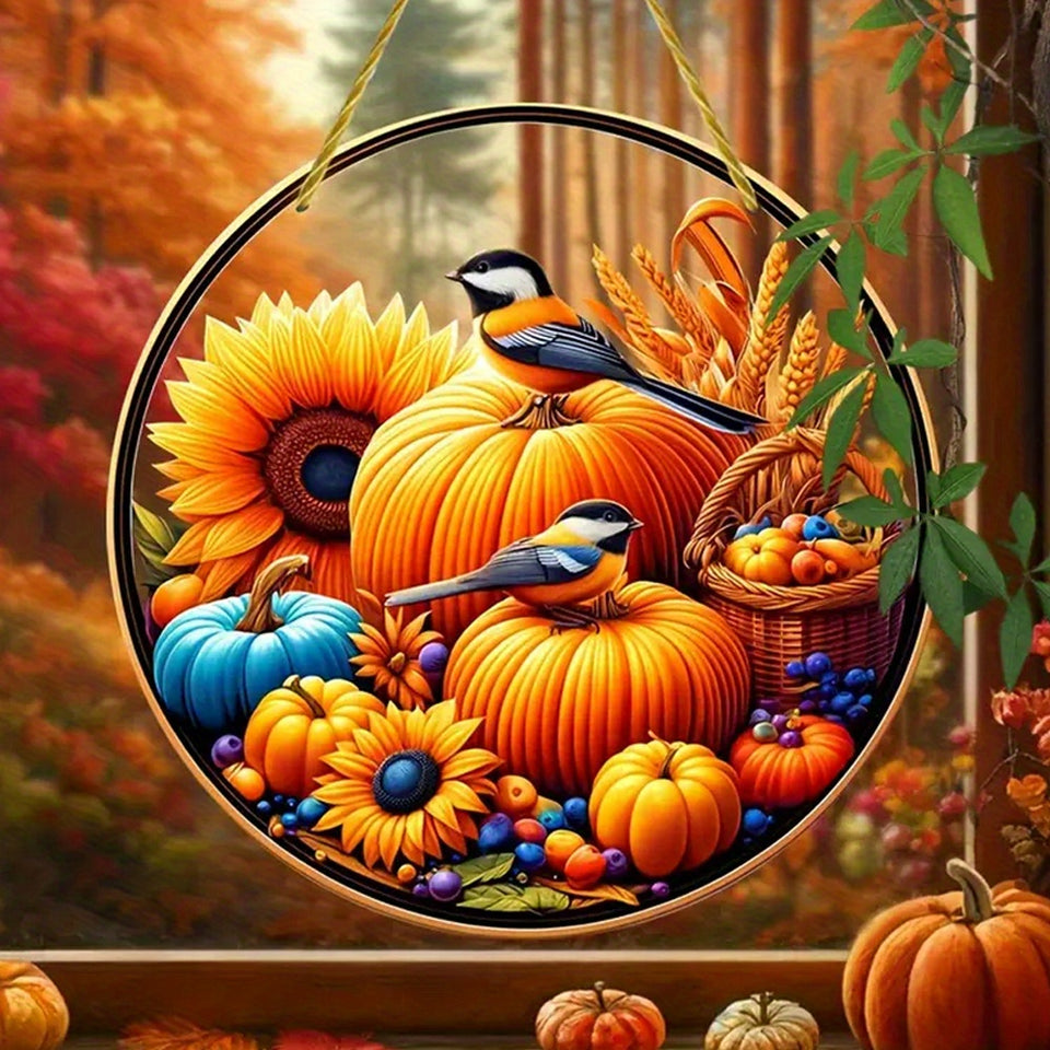 Classic Thanksgiving Acrylic Pendant with Chickadees Sunflower & Harvest Motif - Round Animal-Themed, Translucent Hanging Sun Catcher - Fall Harvest & Autumn Decoration for Home, Bar, Restaurant - No Electricity Needed, Ideal