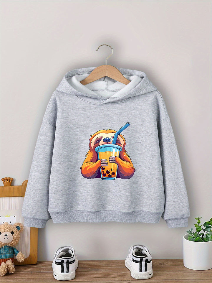 Boys' Cozy Sloth Milk Tea Print Hoodie - Casual Pullover Sweatshirt for Fall/Winter, Machine Washable