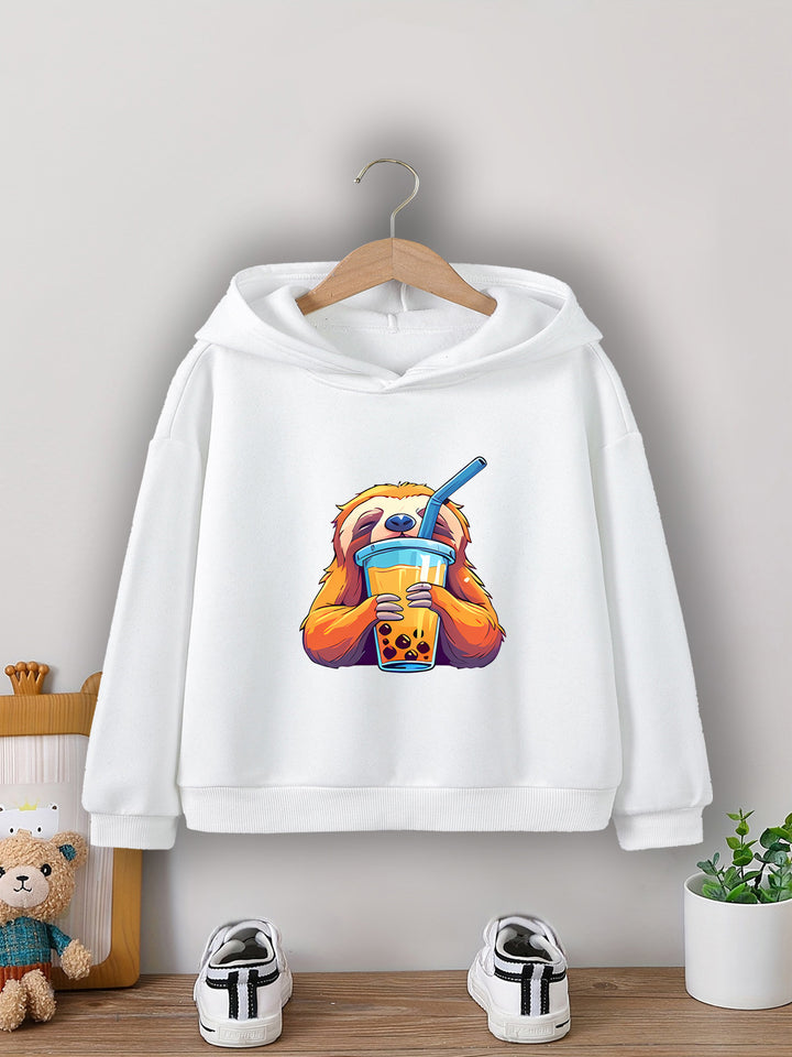 Boys' Cozy Sloth Milk Tea Print Hoodie - Casual Pullover Sweatshirt for Fall/Winter, Machine Washable