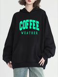 Women'S Fashion Coffee Print Hoodie, Long Sleeve, Crew Neck, With Pocket, Casual Pullover Sweatshirt, All-Season