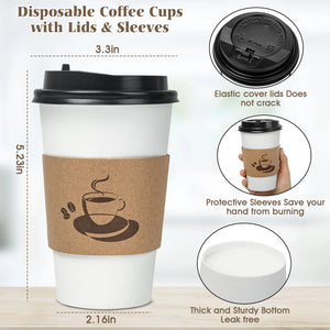 Disposable Paper Cups with Lids, Sleeve 16 Oz 50 Count Insulated
