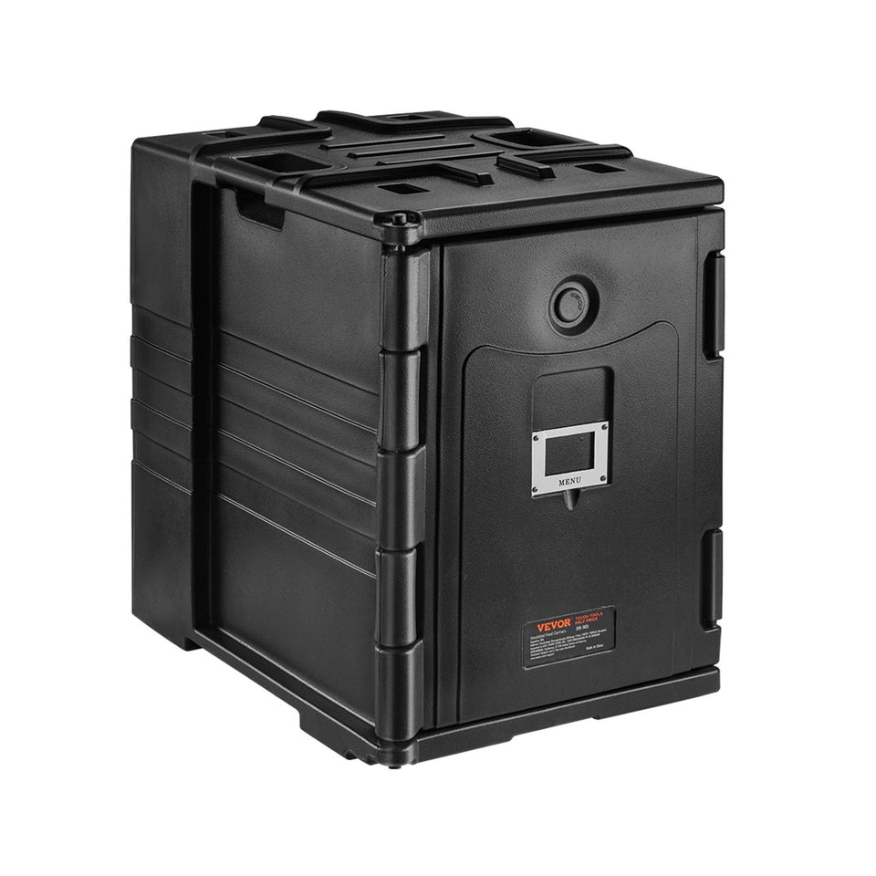 Insulated Food Pan Carrier, 82 Qt Hot Box For Catering, LLDPE Food Box Carrier W Double Buckles, Front Loading Food Warmer W Handles, Stackable End Loader For Restaurant, Canteen, Etc. Black