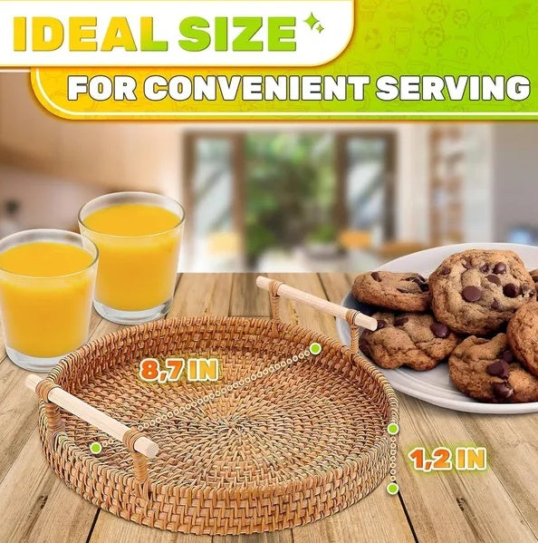 Rattan Tray 8.7 Inch Round Woven Serving Basket With Handles Decorative Tray For Coffee Table Bread Fruit Vegetables Restaurant Home Use