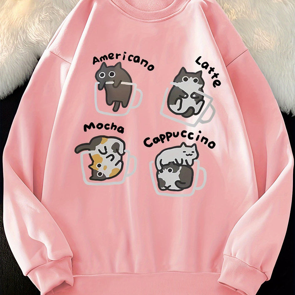 [100% Polyester Long Sleeve Sweatshirt] Casual Crew Neck Sweatshirt with Cute Cat in Coffee Cup Print - 100% Polyester Knit Fabric, Long Sleeve Pullover for All Seasons, Animal Pattern, Comfort Style Top for Women
