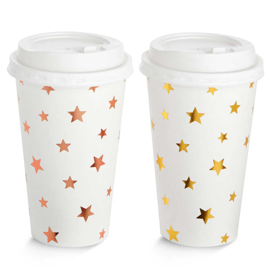 48-Pack Cute Foil Stars Insulated Disposable Coffee Cups with Lids, 16Oz Paper Hot Cup to Go for Twinkle Little Star Baby Shower, Birthday, Events