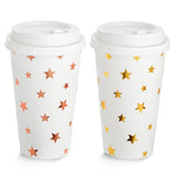 48-Pack Cute Foil Stars Insulated Disposable Coffee Cups with Lids, 16Oz Paper Hot Cup to Go for Twinkle Little Star Baby Shower, Birthday, Events