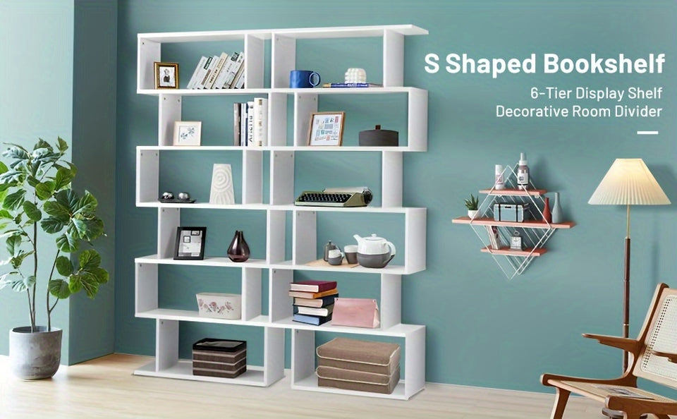 1pc Costway 6 Tier S-Shaped Bookshelf Storage, Display Bookcase Decor Z-Shelf, Coffee