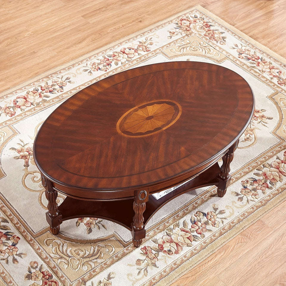 1pc Solid Wood Vintage Oval Coffee Table With Storage Shelf For Living Room, Easy Assembly