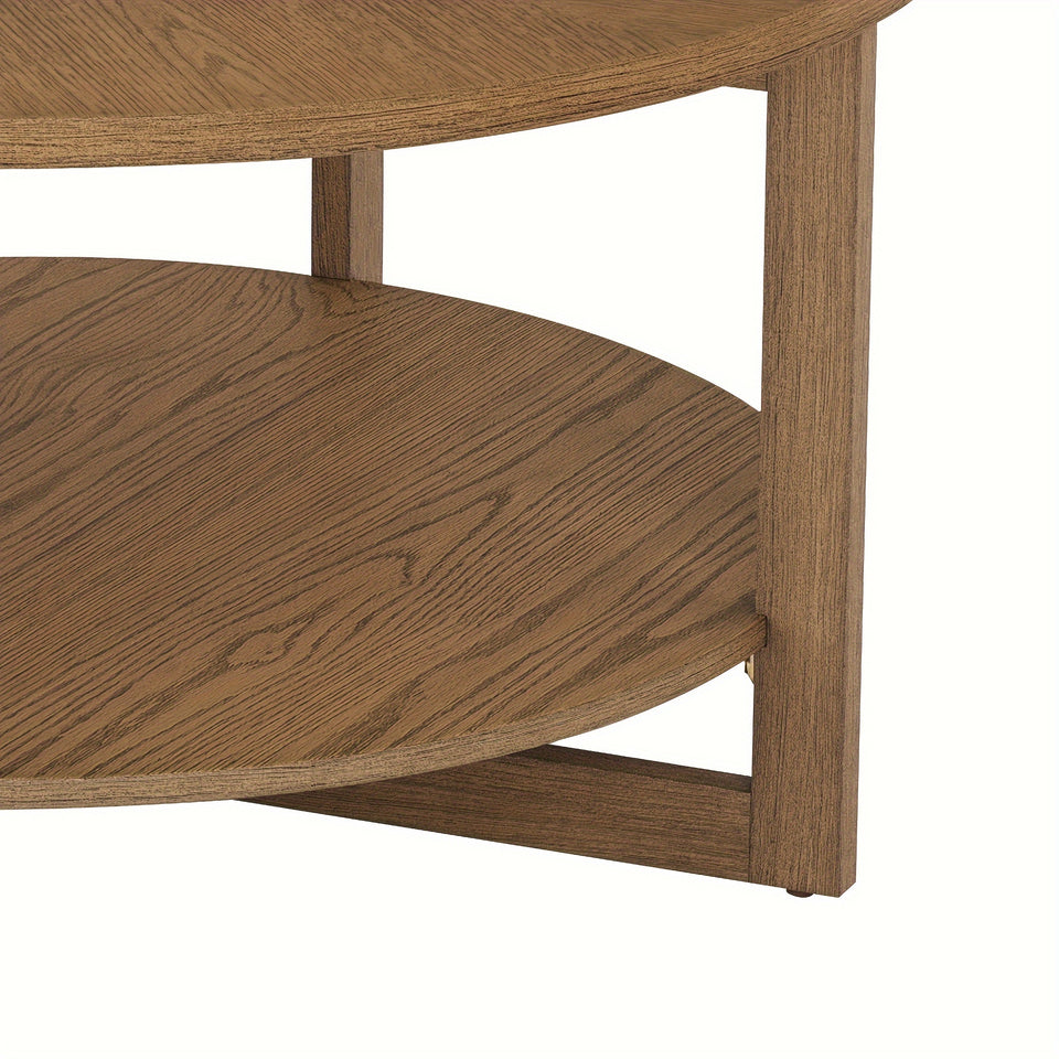 Round Coffee Table, Cocktail Table For Living Room, 35" Rustic Modern Circle Coffee Tables With 2-Tier Storage Shelf, Sofa Table,