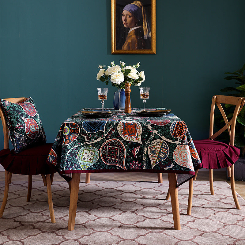 Cotton Cloth Art Dark Green Flower Restaurant Rectangular Table Cloth Tablecloth