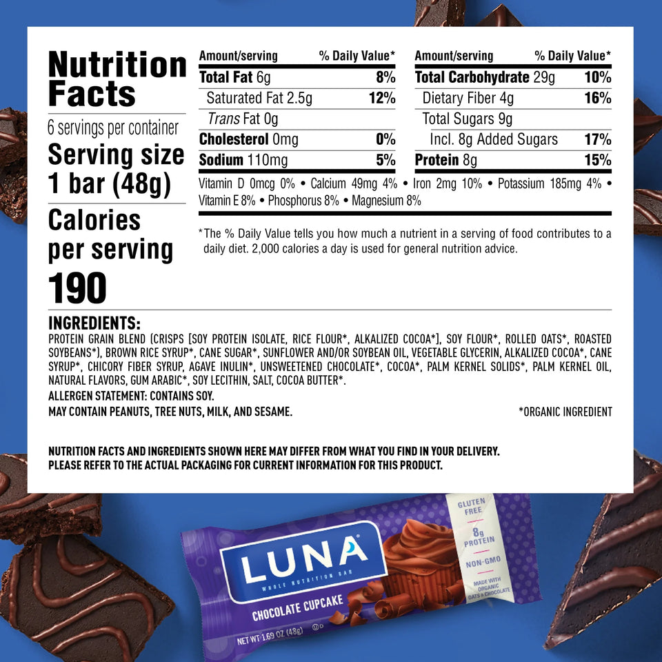 Chocolate Cupcake Flavor Gluten Free Snack Bars, Protein Bars, 15Ct
