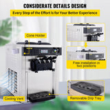 VEVOR Commercial Ice Cream Machine 5.3 To 7.4Gal Per Hour Soft Serve With LED Display Auto Clean 3 Flavors Perfect For Restaurants Snack Bar, 2200W, Sliver
