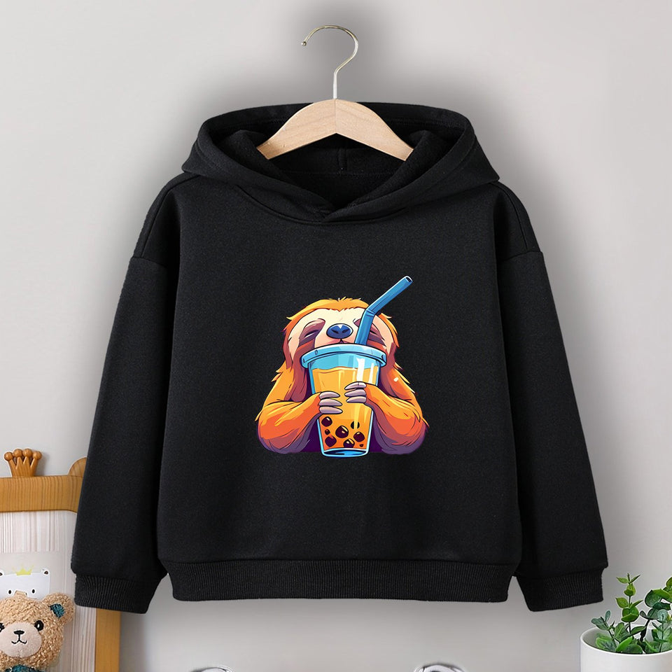 Boys' Cozy Sloth Milk Tea Print Hoodie - Casual Pullover Sweatshirt for Fall/Winter, Machine Washable