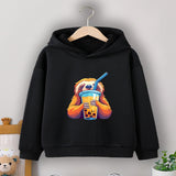 Boys' Cozy Sloth Milk Tea Print Hoodie - Casual Pullover Sweatshirt for Fall/Winter, Machine Washable