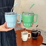 480ml/16 Oz Double-Layer Vacuum Insulated Stainless Steel Coffee Cup With Handle And Straw, Black, White, Light Blue, Pink, Brown, Green