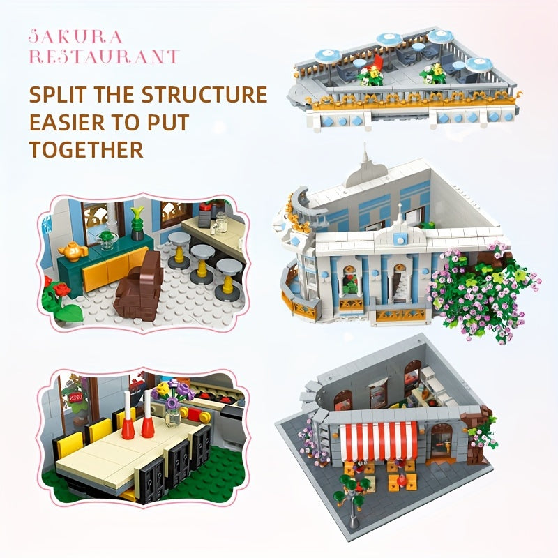 JIE-STAR 3725pcs Sakura Restaurant Street Scene Building Blocks Set - Creative Home Decor, Romantic Architectural Model Kit for Display