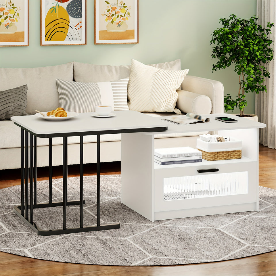 Modern Square LED Coffee Table with Storage - Auto Sensor 3 Colors Lights, Charging Station, Low Profile, White Finish - Perfect for Living Room, Center Table, Coffee Bar Table