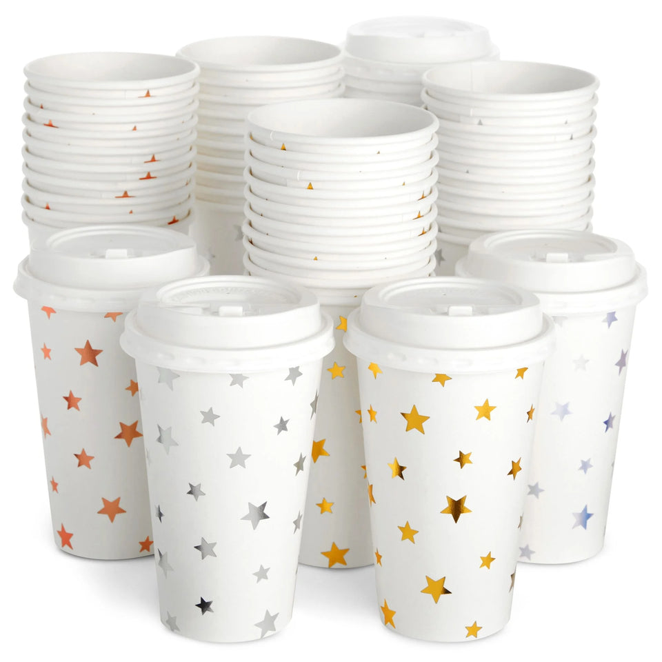 48-Pack Cute Foil Stars Insulated Disposable Coffee Cups with Lids, 16Oz Paper Hot Cup to Go for Twinkle Little Star Baby Shower, Birthday, Events