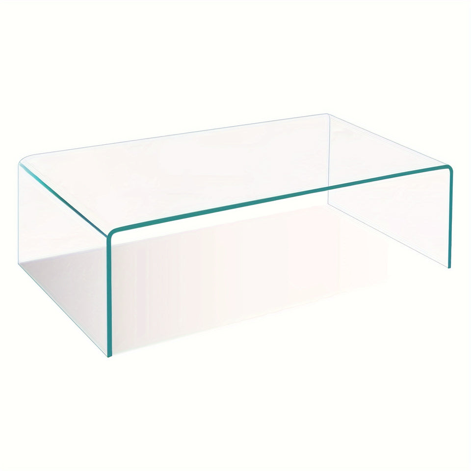 Tempered Glass Coffee, Clear Coffee Table, Waterfall Rectangle Coffee Table for Living Room, Cocktail Tea Table with Rounded Edges