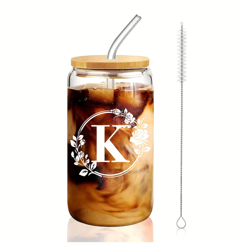 1pc Alphabet Letter A-Z Glass Coffee Mug - 16oz Large Capacity, Bamboo Lid, Straw, and Handle - Perfect for Office, Home, Birthday, Bridesmaid, Thanksgiving, Christmas, Eid Al-Adha Mubarak, and Party Use