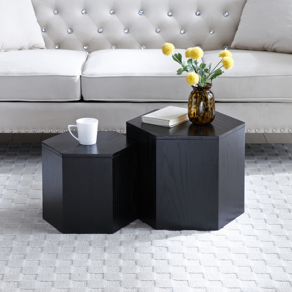 Modern Nesting Coffee Table Set, Round & Hexagonal Wooden Design, Perfect For Small Living Spaces, Two Circular Side Tables Or Stylish Hexagonal Side Tables