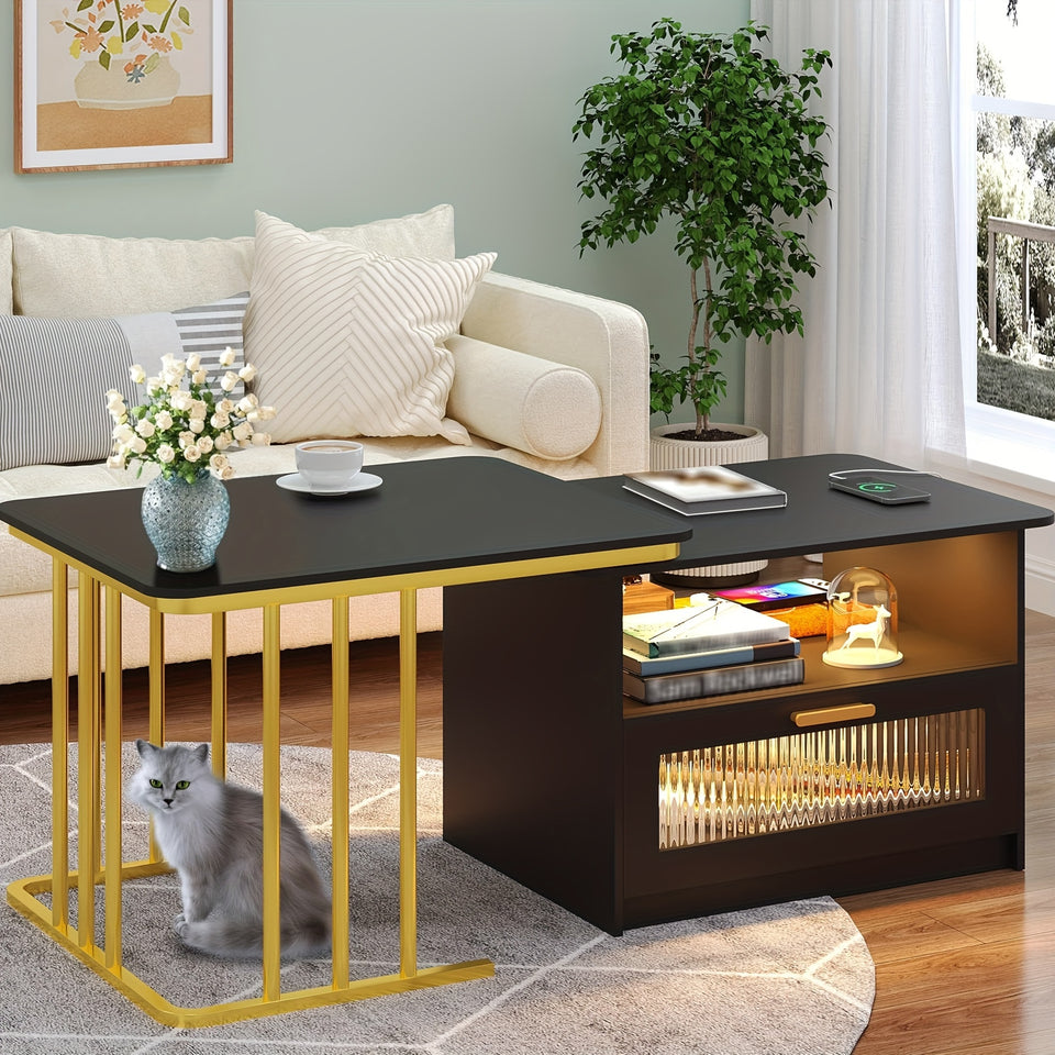Modern Square LED Coffee Table with Storage - Auto Sensor 3 Colors Lights, Charging Station, Low Profile, White Finish - Perfect for Living Room, Center Table, Coffee Bar Table