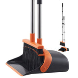Broom And Dustpan Set, Heavy Duty Dustpan And Broom Combo With Self-Cleaning Teeth, Metal Upright Standing Dust Pan With Long Handle, Ideal For Home, Restaurant, Office, Dorm, Black Orange