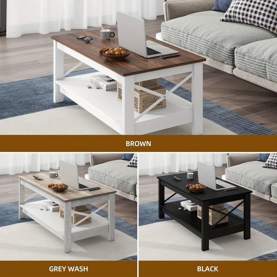 2-Tier Thicken Wood Accent Xelsyo Farmhouse Coffee Table with Open Storage Shelf, Brown and White for Living Room Home Office