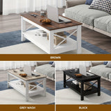 2-Tier Thicken Wood Accent Xelsyo Farmhouse Coffee Table with Open Storage Shelf, Brown and White for Living Room Home Office