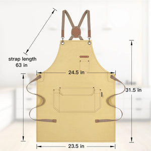 Canvas Work Apron for Artist Bartender Barista Carpenter Gardener Hairstylist, Cross Back Strap Adjustable for Men Women Apron with Large Pocket, Chef Apron for Kitchen Cooking Baking Grilling -Yello