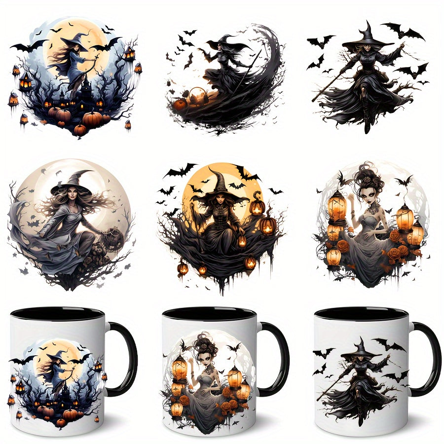 Halloween Witch & Bats PVC Decorative Stickers, 6PCS Waterproof UV DTF Transfer Decals for Glassware - Ideal for 16OZ Tumblers, Coffee Mugs, Bottles, DIY Art Craft Supplies