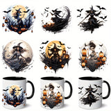 Halloween Witch & Bats PVC Decorative Stickers, 6PCS Waterproof UV DTF Transfer Decals for Glassware - Ideal for 16OZ Tumblers, Coffee Mugs, Bottles, DIY Art Craft Supplies