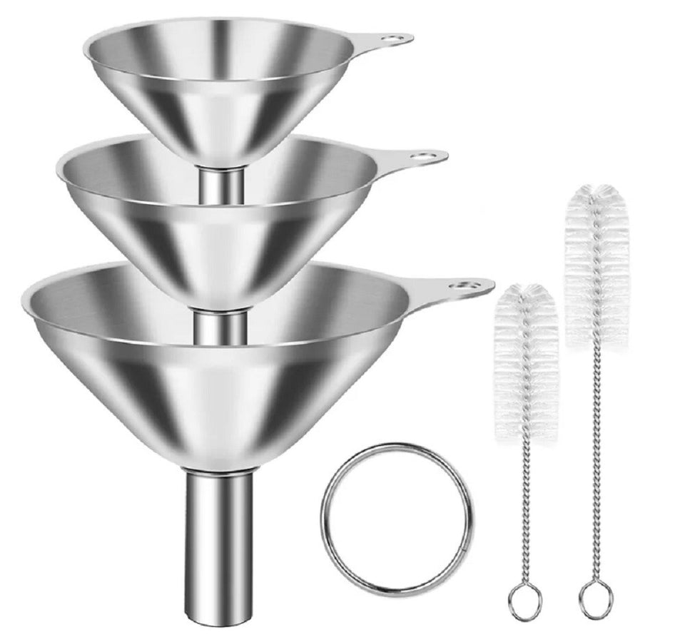 3 Stainless Steel Kitchen Funnel Set with 2 Brushes – Food Grade No-Spill Design