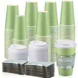 100 Pack 16 Oz Coffee Cups With Lids And Sleeves Sage Green Disposable Paper Cups Hot Cups Bulk For Spring Home Restaurant Wedding Event Decoration (Sage Green, 16 Oz)