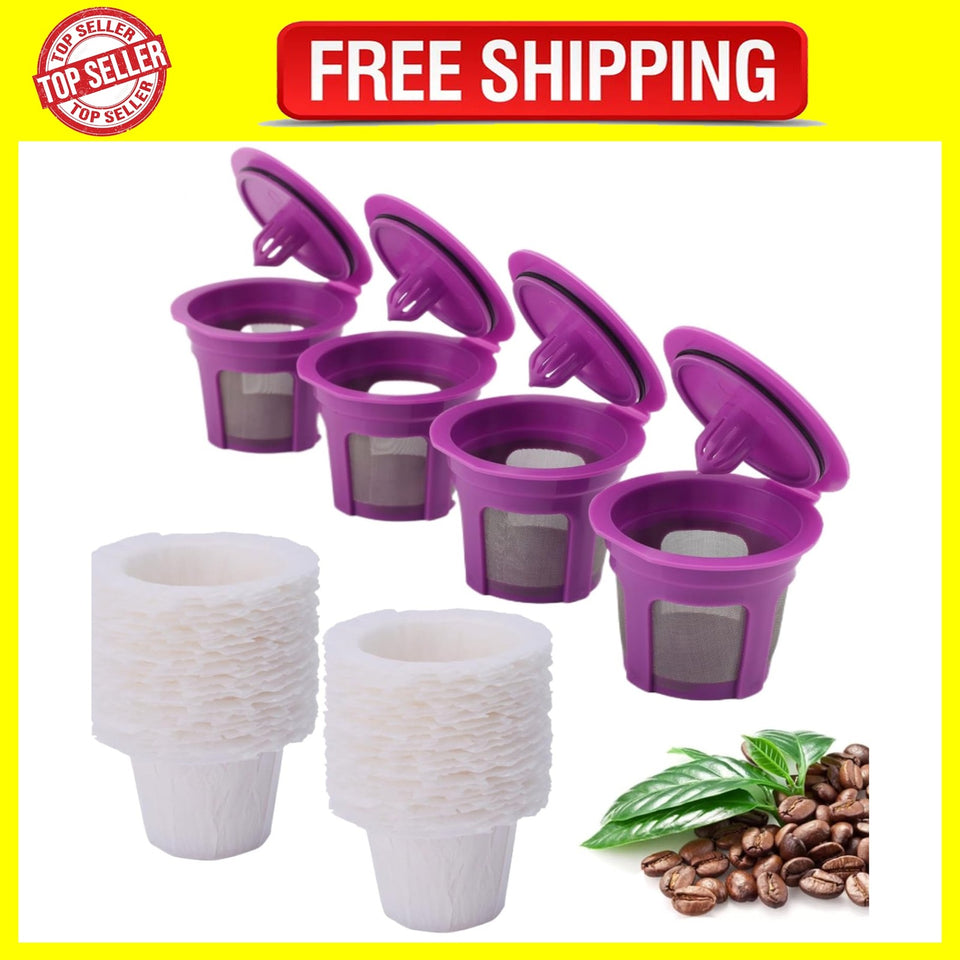 4 Pack Reusable K Cup Coffee Pods with 100 Count Disposable Coffee Paper Filt...