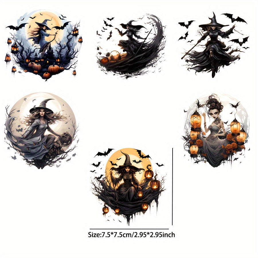 Halloween Witch & Bats PVC Decorative Stickers, 6PCS Waterproof UV DTF Transfer Decals for Glassware - Ideal for 16OZ Tumblers, Coffee Mugs, Bottles, DIY Art Craft Supplies