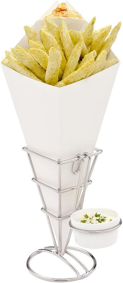 Cone Tek 15 Inch French Fry Cones 100 Recyclable Food Cones - Built-In Sauce Cup Grease-Resistant Lining White Paper Snack Cones for Appetizers and Charcuterie