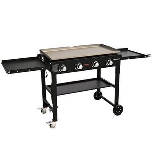 Commercial Griddle On Cart, 36' Heavy Duty Manual Flat Top Griddle, Outdoor Cooking Station With Side Shelves, Steel Natural Gas Griddle, 4-Burners Restaurant Portable Tested ToStandards