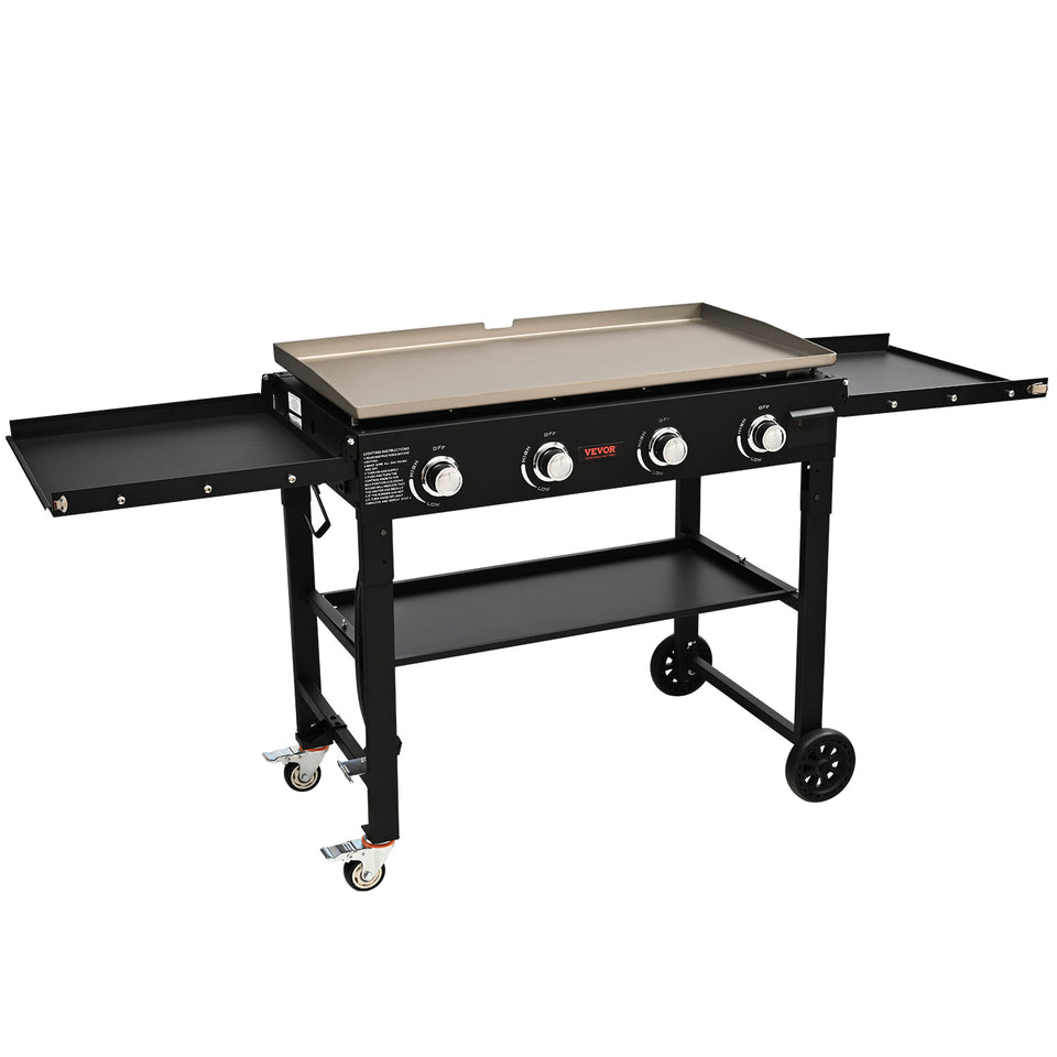 Commercial Griddle On Cart, 36' Heavy Duty Manual Flat Top Griddle, Outdoor Cooking Station With Side Shelves, Steel Natural Gas Griddle, 4-Burners Restaurant Portable Tested ToStandards